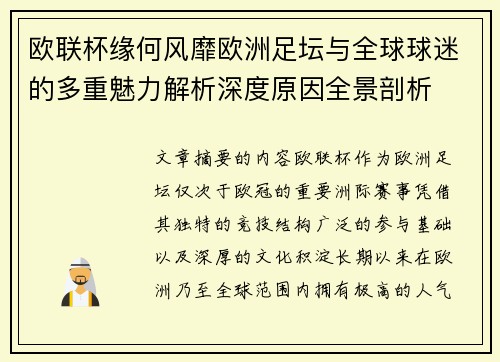 欧联杯缘何风靡欧洲足坛与全球球迷的多重魅力解析深度原因全景剖析
